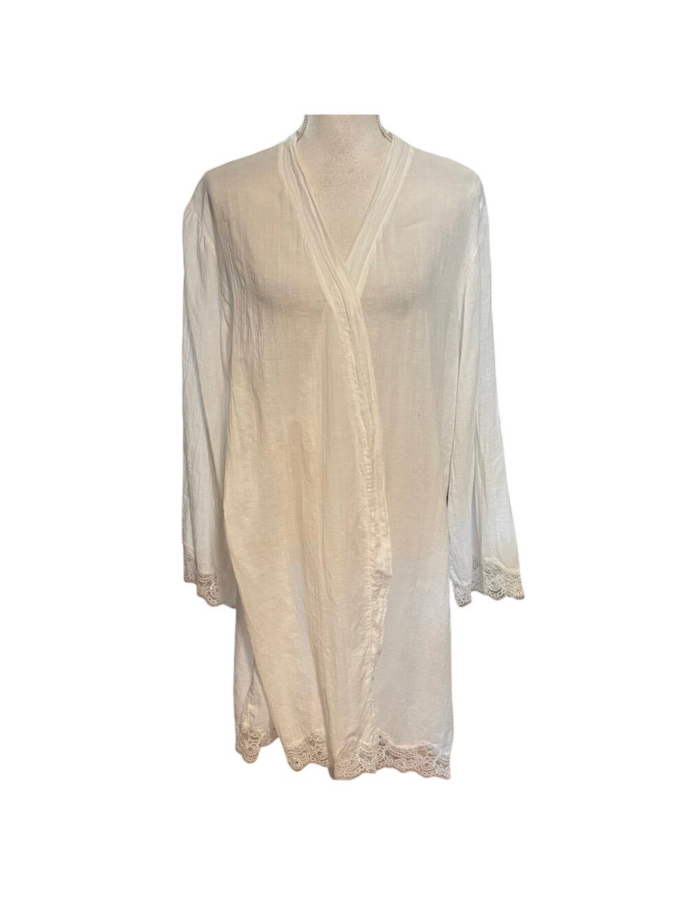 Eberjey Women’s Size L Cotton Gauze Short Robe Lace Trim White Missing Belt